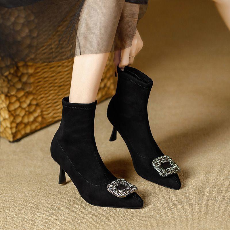 Skinny Heel Socks Boots Skinny Elastic Season Single Boots Short Boots Women's Skinny Boots Fashion Sweet Pointed Short Tube