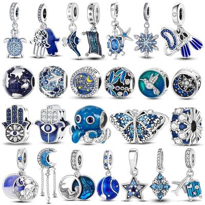 925 prata esterlina cor azul série encantos grânulo avião palma diabo olhos balançar ajuste pulseira colar jóias diy