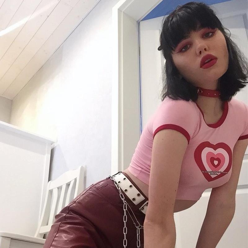 Pink Sweet Heart Cotton T Shirt Women Tops Tees Print T-shirt Summer Crop Short Sleeve Clothes