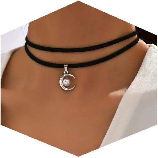 Fesciory Schwarze Halskette für Damen, Verstellbarer Täglicher Goth Schmuck Geschenk | Verstellbare Passform, Enganliegende Schwarze Halskette, Spitze Samt Perlen oder Anhänger