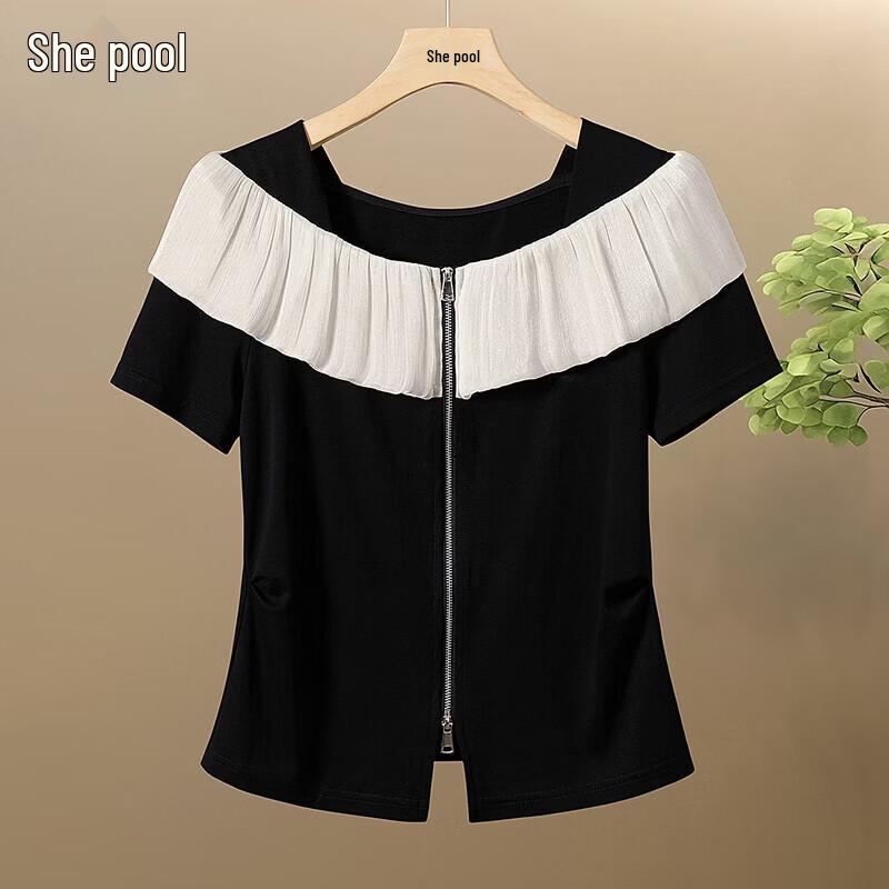 Shechi Women s Lyocell Pleated Ruffle Short-Sleeve Zipper Tee S