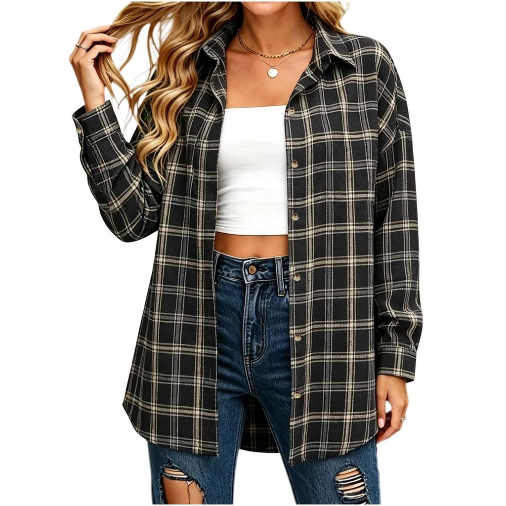 Women's Casual Plaid Long Sleeve Button Down Shirt Collared Blouse