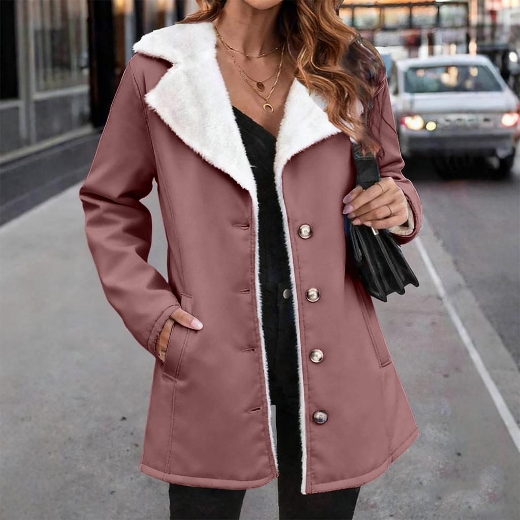 Damski modny płaszcz o średniej długości z kołnierzem z polaru w jednolitym kolorze o kroju oversize