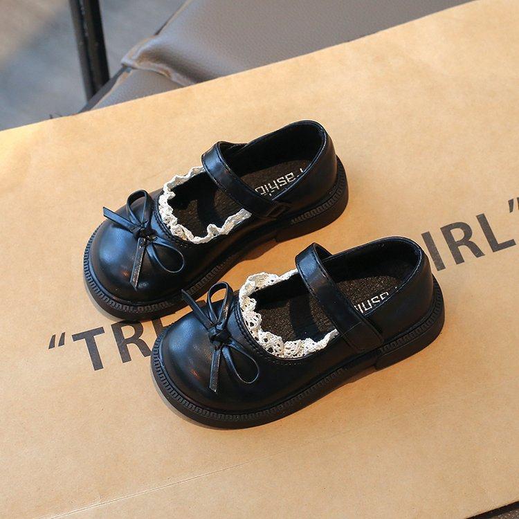 Girls' Lace Trim Bow Leather Mary Jane Shoes - Soft Sole Stylish Princess Shoes for Spring/Autumn 2025