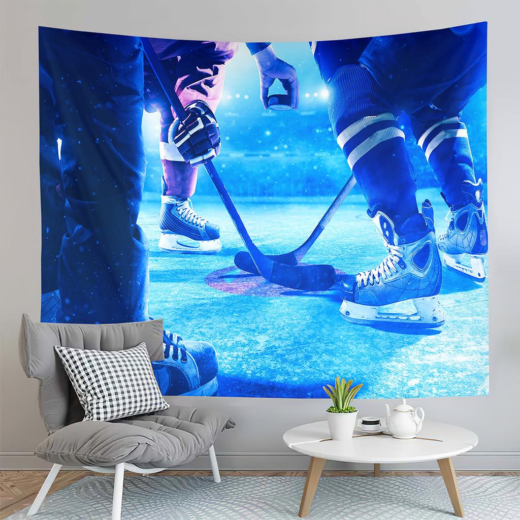 Ice Hockey Player and Puck Tapestry Modern Sport Illustration Tapestry Aesthetic Home Decor Tapestry for Living Room Bedroom