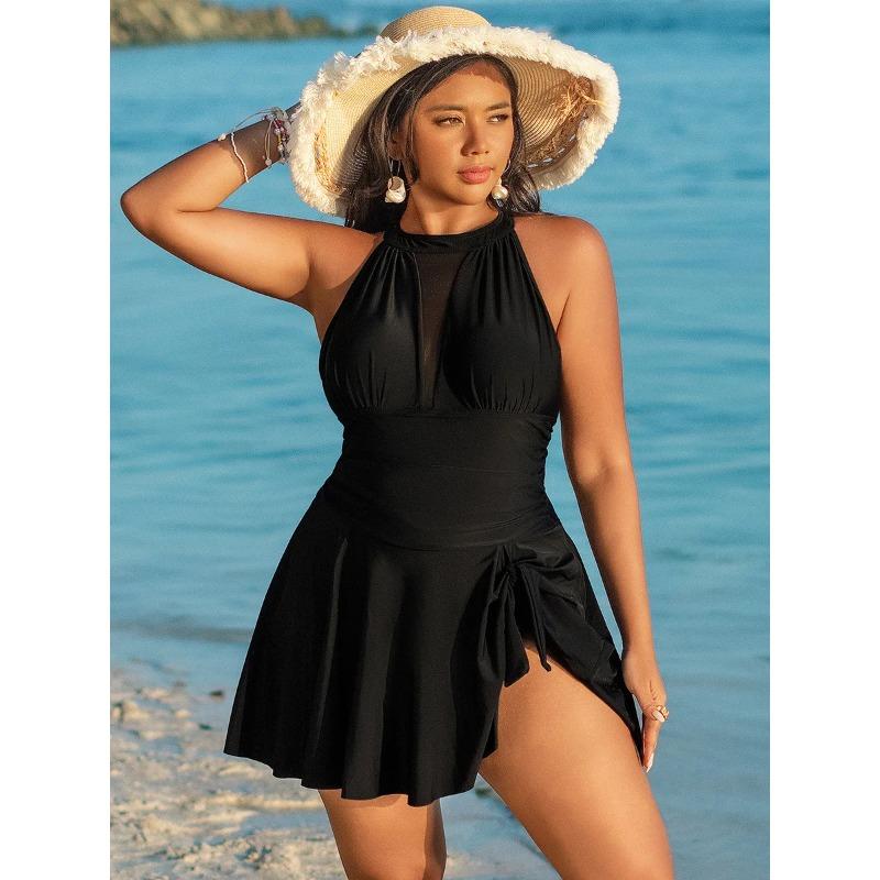 Size Plus Oversize Woman 2025 Neck Open Skirt Halter Dress Bikini One Piece Swimsuit Beachwear Breathable Eco Fabric Overweight