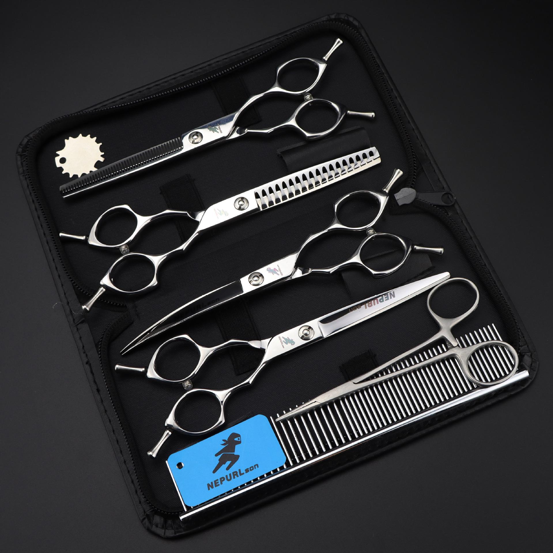 6.5-Inch Silver Miden Style Pet Grooming Scissors Set: 4-Piece Straight Shears with Fine-Toothed Comb
