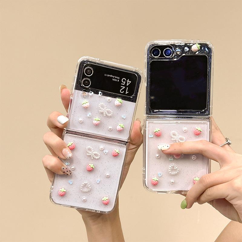 For Samsung Zflip6 Flip Top Folding Screen Transparent Drip Glue Phone Case Zfold5 Strawberry Love Women's New Model