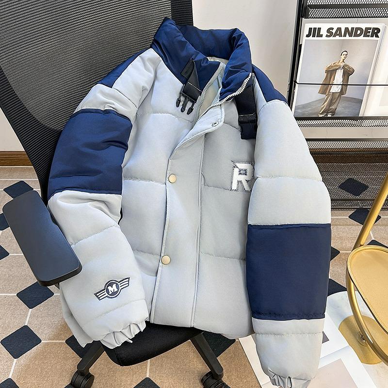 Winter Trendy Japanese Retro Color Block Stand Collar Cotton Jacket L