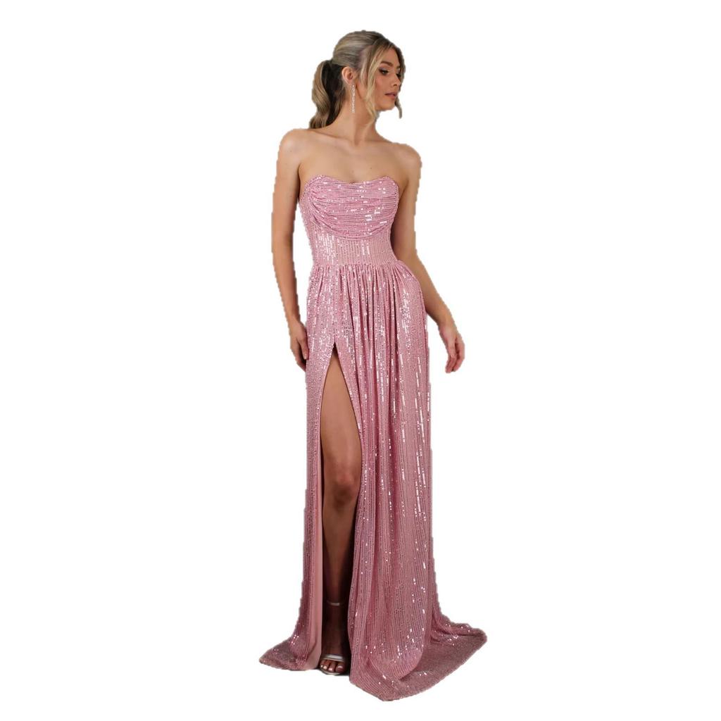 2026 Europe & America Strapless Sequin Evening Gown with Slit and Flowing Skirt