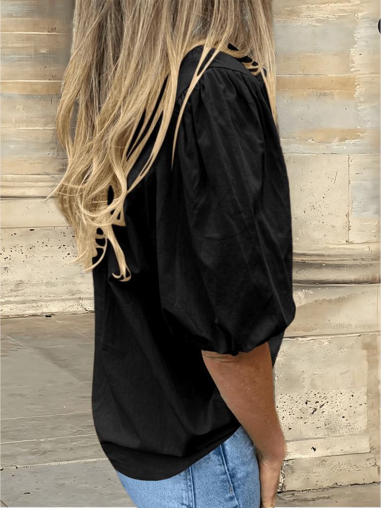 Damen Hemdbluse mit Kragen und Puffärmeln, zum Knöpfen, elegant-lässiges Sommeroberteil