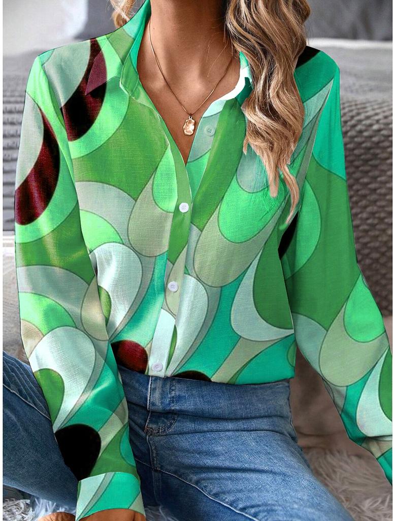 Mode Elegantes Büro Damenhemd Damen Casual Graffiti Bedrucktes Hemd Kragen Knopf Langarm Haushemd Damen Bluse