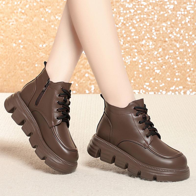 5cm Vintage Comfortable Soft Leather Shoes Warm Winter Boots 2025 Women's Med Heels Flat Platform Short Plush Motorcycle Botas