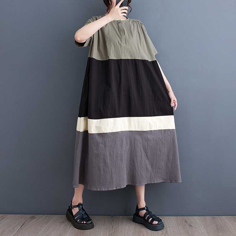 Summer New Style Korean-style Loose Large-Sized Patchwork Casual Simple Sweet Shirt Dress