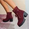 Plus-size Shoes, High-heeled, Chunk-heeled Fashion Boots, Women's Round-toe Lace-up, Back-zipped Ankle Boots