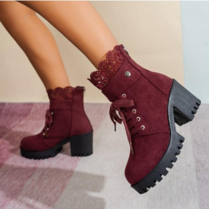 Plus-size Shoes, High-heeled, Chunk-heeled Fashion Boots, Women's Round-toe Lace-up, Back-zipped Ankle Boots