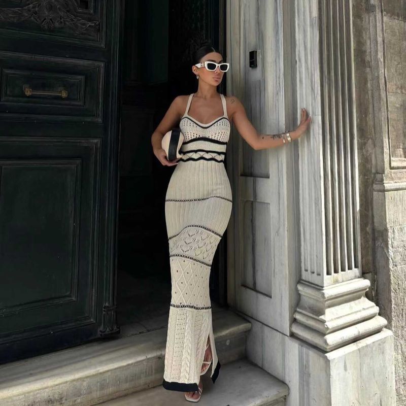 

French Style Bohemia Sling Dress Hollow Sheath Long Dress Knitted Hollow out Dress White S