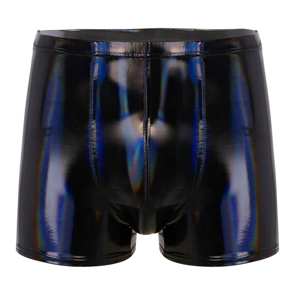 Mens Patent Leather Boxer Briefs Wet Look Shorts Elastic Waistband Bulge Pouch Design Clubwear