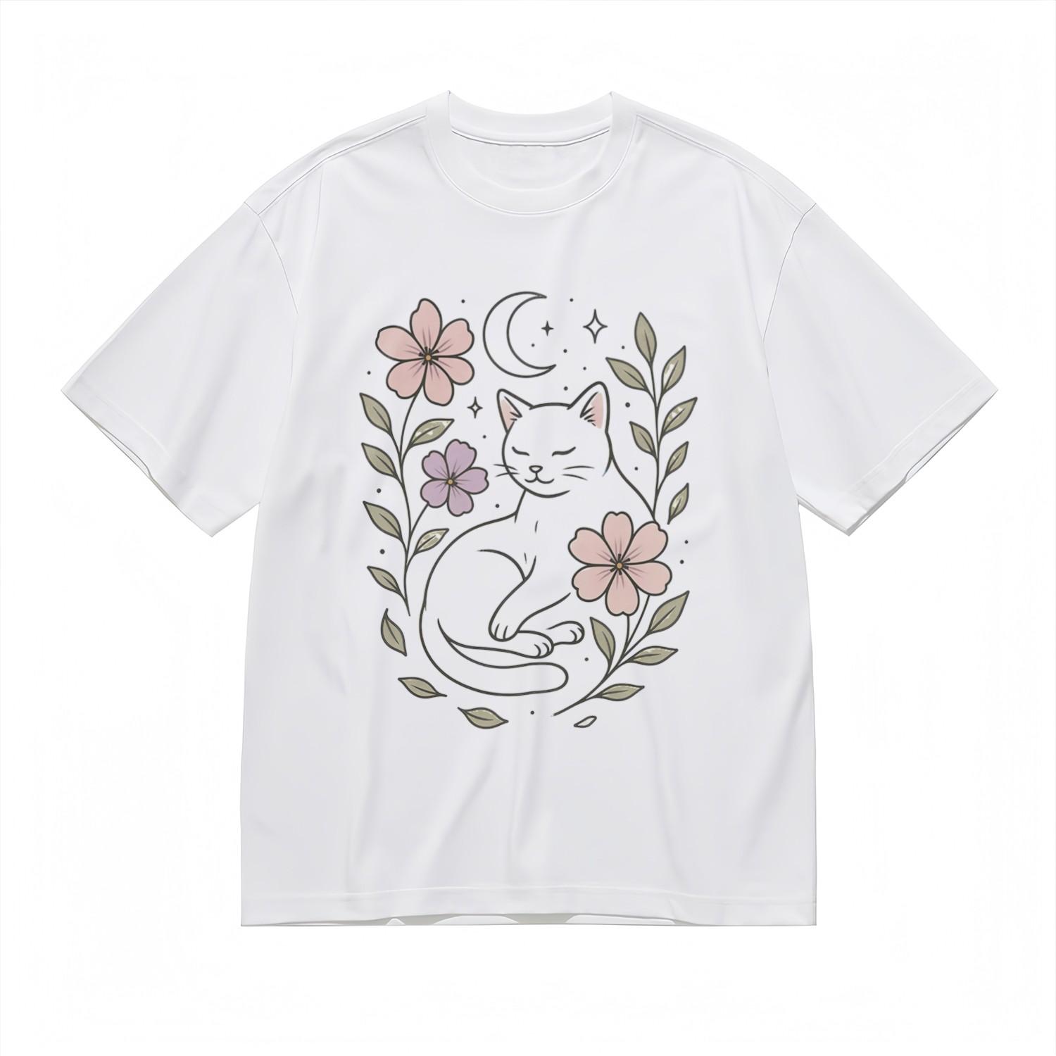 Women s Soft Breathable All Season Classic T-Shirt Mens Womens Tees Top Whimsical Cat Floral Tee USA S