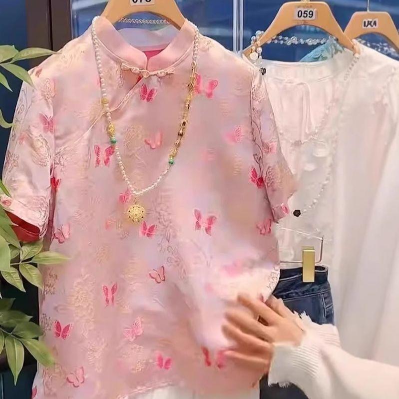 

Розовая рубашка с воротником-стойкой, универсальная, с коротким рукавом, женская, лето 2025, летний верхний слой M [Recommended below 50kg] розовый