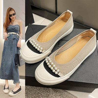 Kadın Yaz ve Sonbahar Inci Zincir Patchwork düz ayakkabı Örme Hafif Slip-on Loafer'lar Breathabel Yumuşak Rahat Daireler