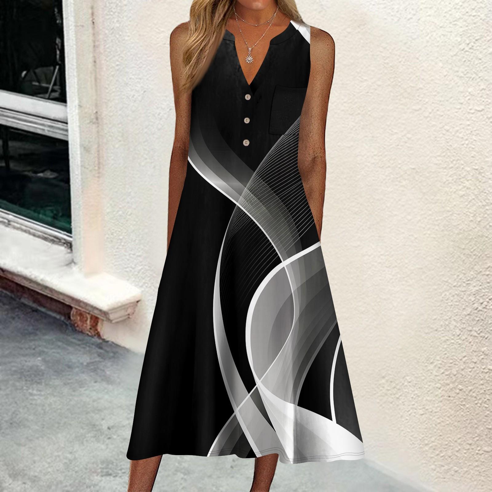 

Жіноча літня сукня, повсякденне пляжне плаття-гойдалка без рукавів з V-подібним вирізом і принтом XL білий