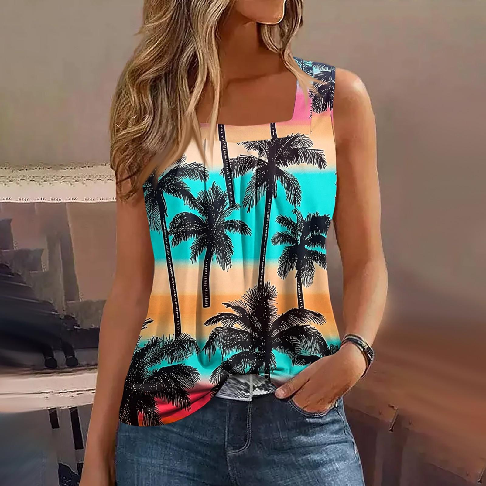 Women s Summer Casual Pleated Square Neck Sleeveless Tank Top Printed T-Shirt XXL циан