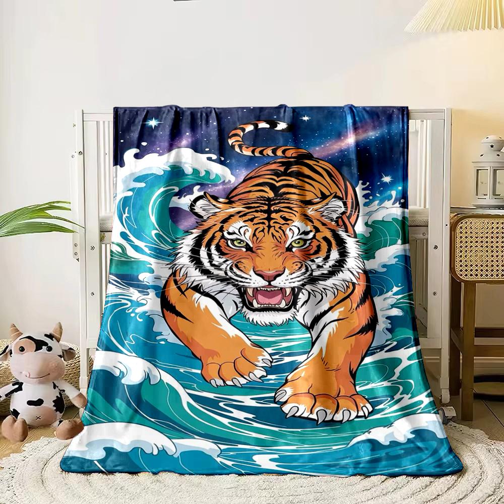 Fierce Tiger On Ocean Waves Flannel Blanket for Bedroom Living Room Sofa and Nap