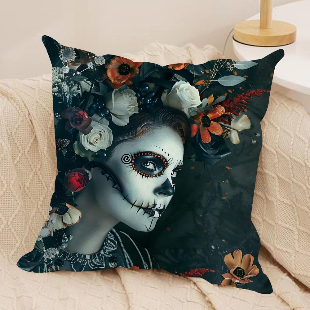 Sugar Skull Girl Cushion Cover Soft Plush Fabric DoubleSided Printed Sofa Cushion Cover for All Seasons Home Decor Gift
