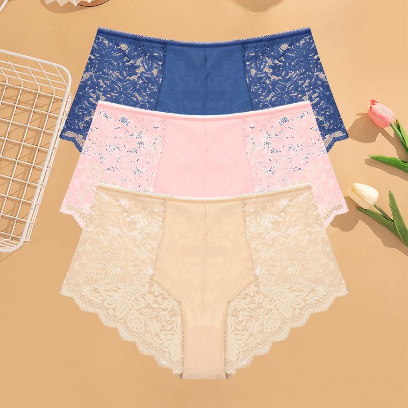 3Pcs Women's Lace Panties Sexy Hollow Out Boyshort Underwear Transparent Floral Underpants Girls Tempting Lingerie S-XXL