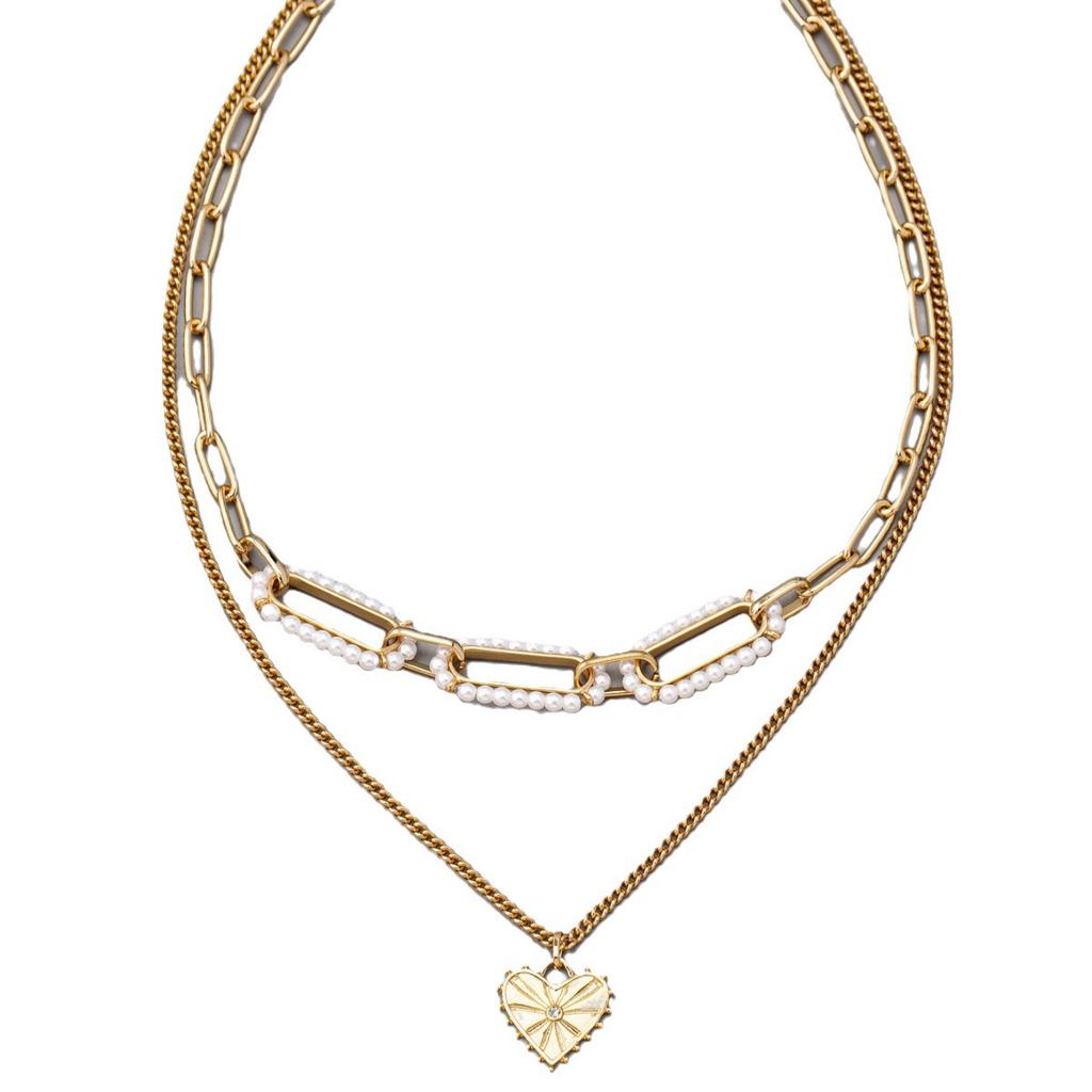 Ins style pearl heart pendant necklace for women's fashion trend, multi-layer collarbone chain for women