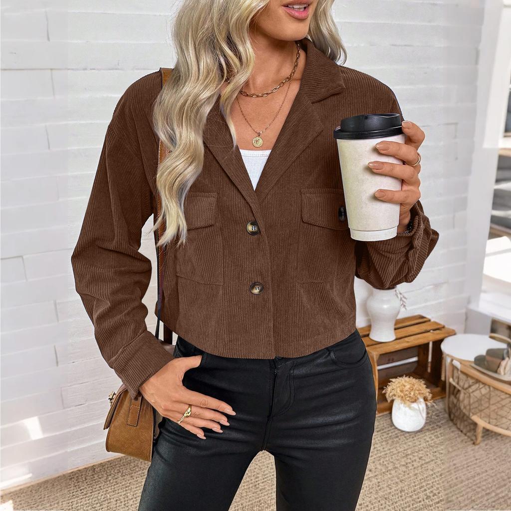 Dámská ležérní jednobarevná bunda s dlouhým rukávem, volný manšestrový top