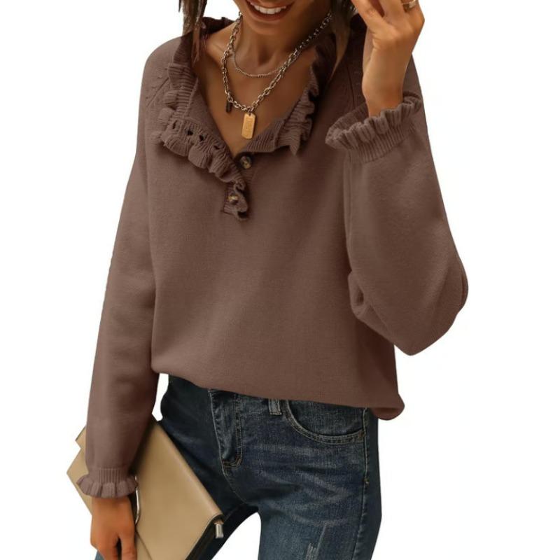 Women S Knit Long Sleeve Pullover Sweater With Buttons Ruffles