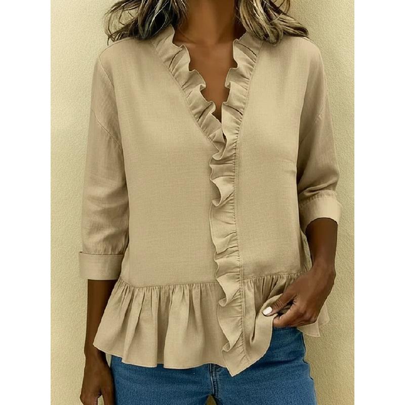 2026 Summer New Women's Solid Color Ruffle T-Shirt, Casual Three-Quarter Sleeve Blouse for Women