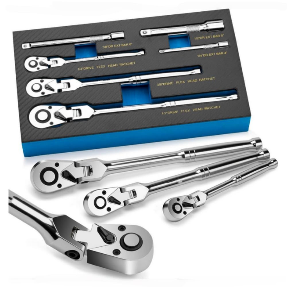 

Flexible Ratchet Wrench Rotation Adjustable Ratchet and Button Extendable Drive Ratchet Chrome Vanadium Steel 6-Piece Set, 180-Degree Wrench, 1/4,