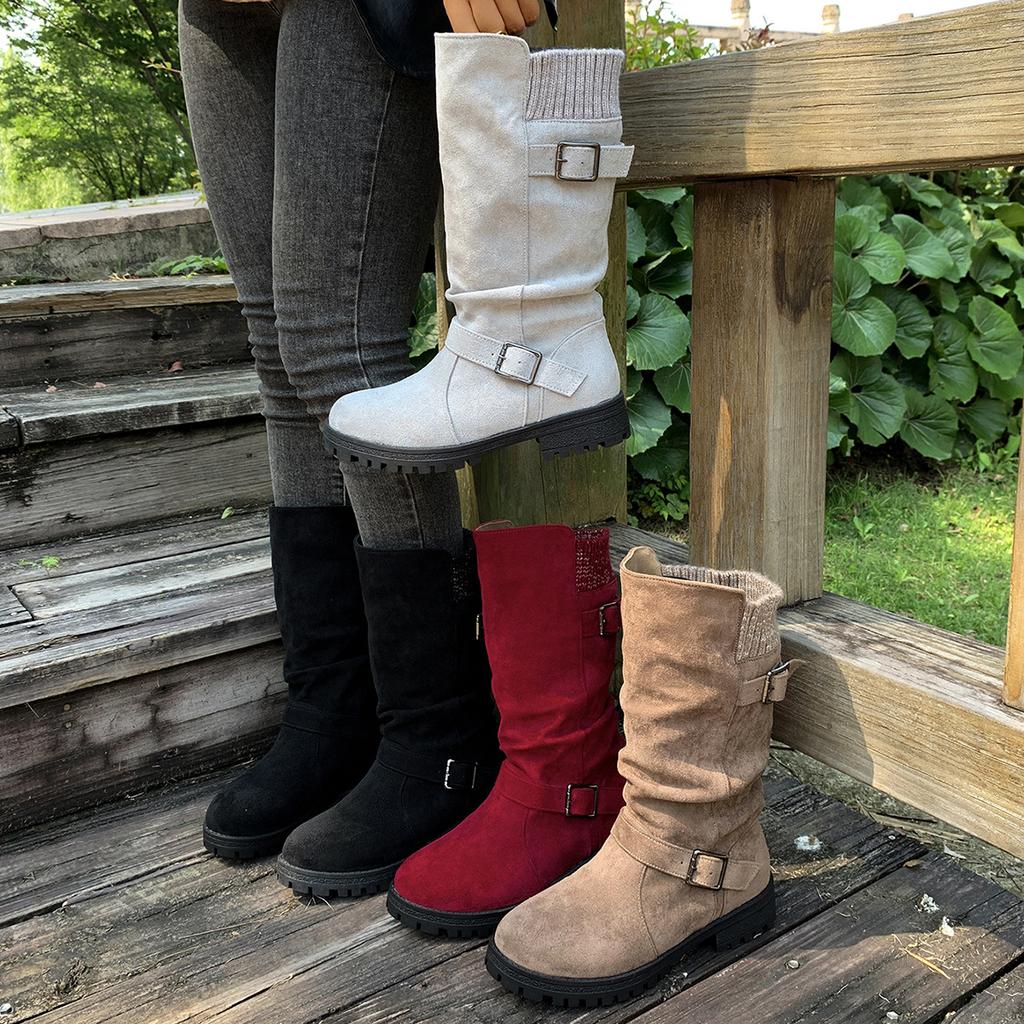 Fashion New Retro Western Cowboy Boots for Women, Genuine Leather Round-toed, Thick-heeled, Belt-buckle Long Boots