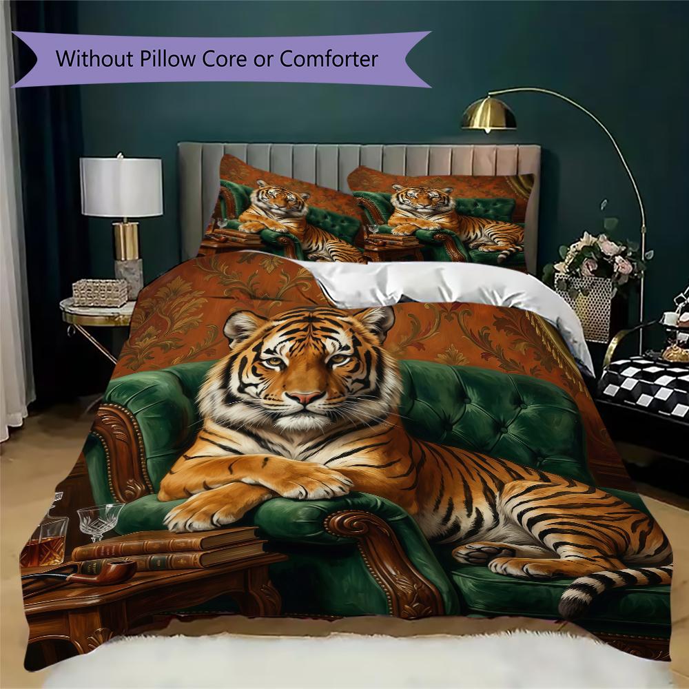 Sweet Tiger Pairs Pattern Bedding Uilt Set Uilt Cover Pillowcase Home Decoration Birthday Gift (1 * Duvet Cover + 2 * Pillowcase Without Core)