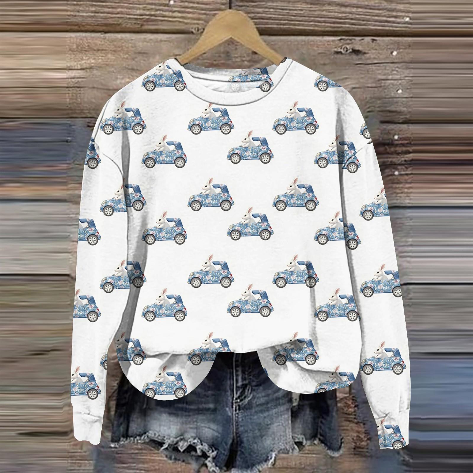 

Женская мода Пасха Печатный Длинный рукав Свободный круглый вырез Толстовка Топ Осень XXXXXL