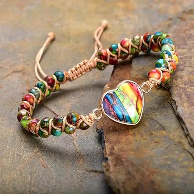 Bracelet Boho-Chic Réglable Chakra du Cœur avec Pierres Naturelles Colorées Accessoire de Mode pour Femmes