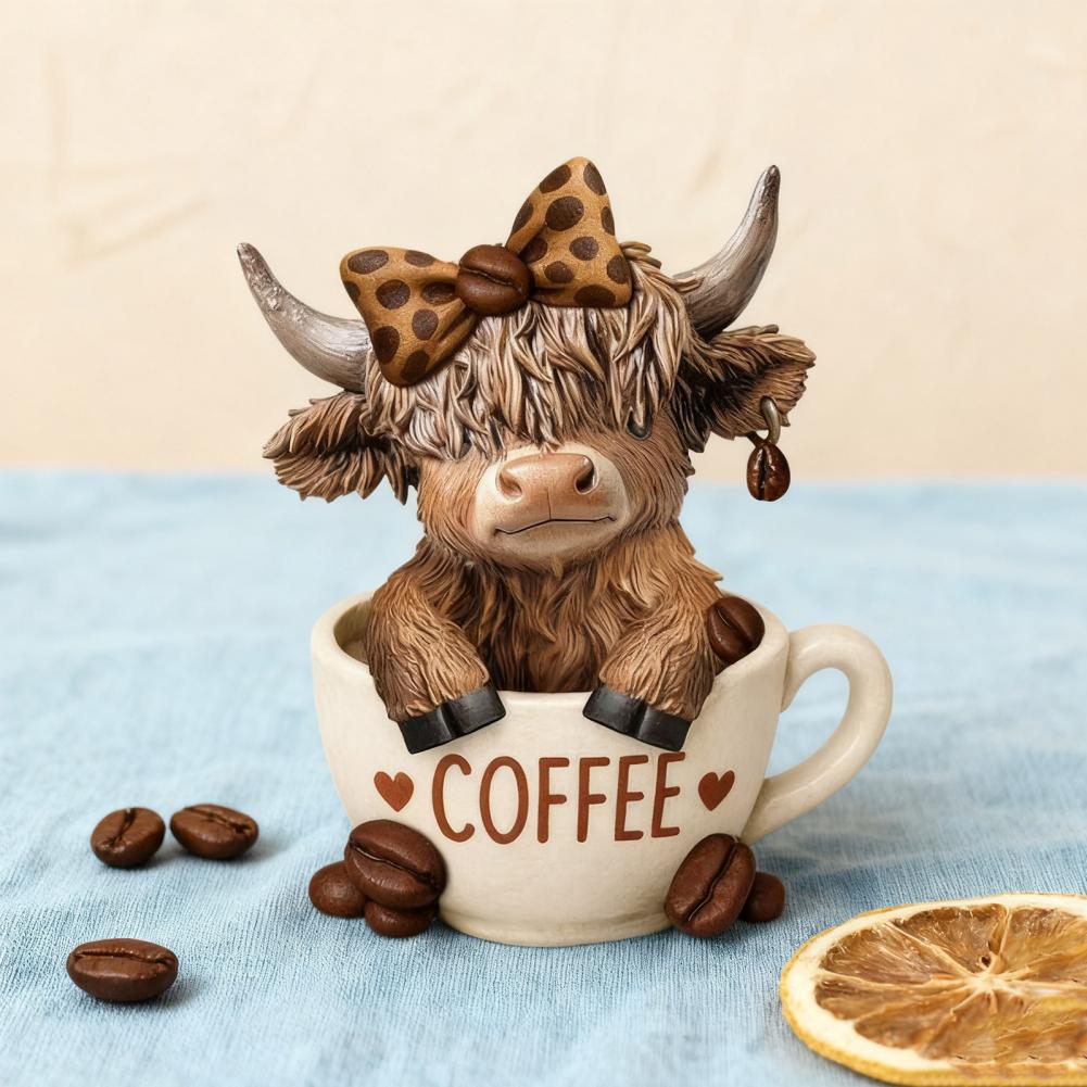 Resin Cow Figurine Highland Cow Statue Highland Cow Coffee Cup Figurine Set Resin Sculpture Decoration for Calf for Coffee