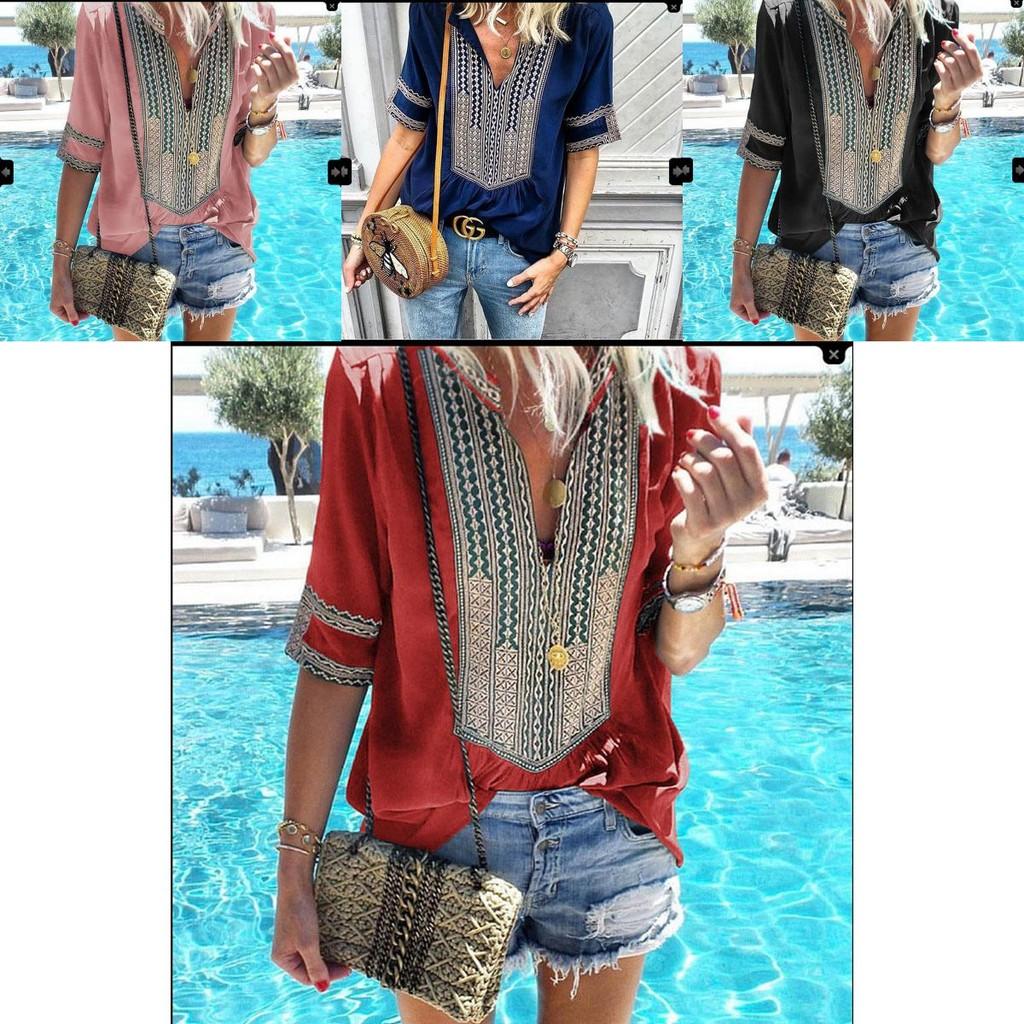 Stunning Womens Vintage Striped V Neck Loose Shirt Tops Half Sleeve Boho Blouse Plus Size