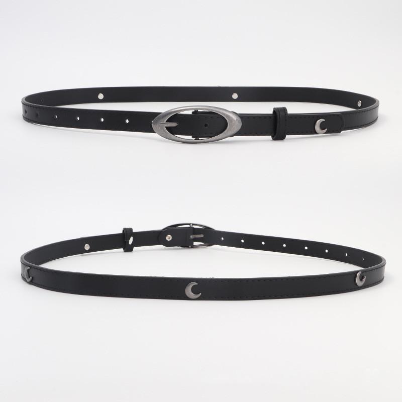 Womens Belt Slim Petite Moon Embellished Versatile Black Leather Accessory