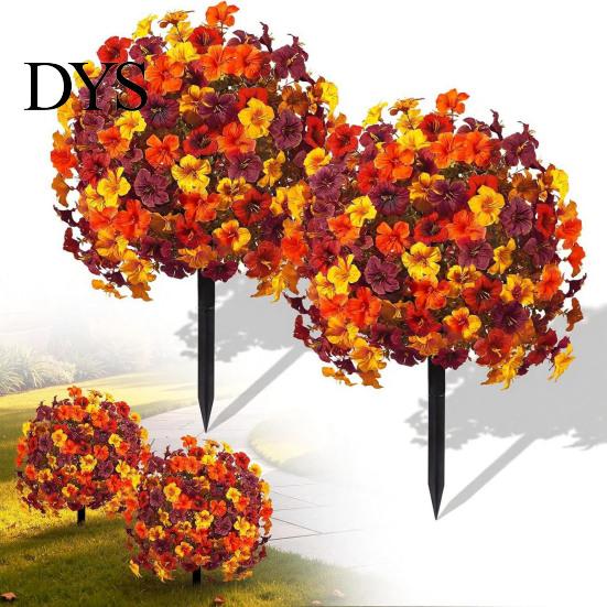 Fake Flowers for Decoration Artificial Fall Outdoors, Autumn Topiary Ball, UV Resistant Faux Mums with Ground Easy Care Decorative Spike Planters