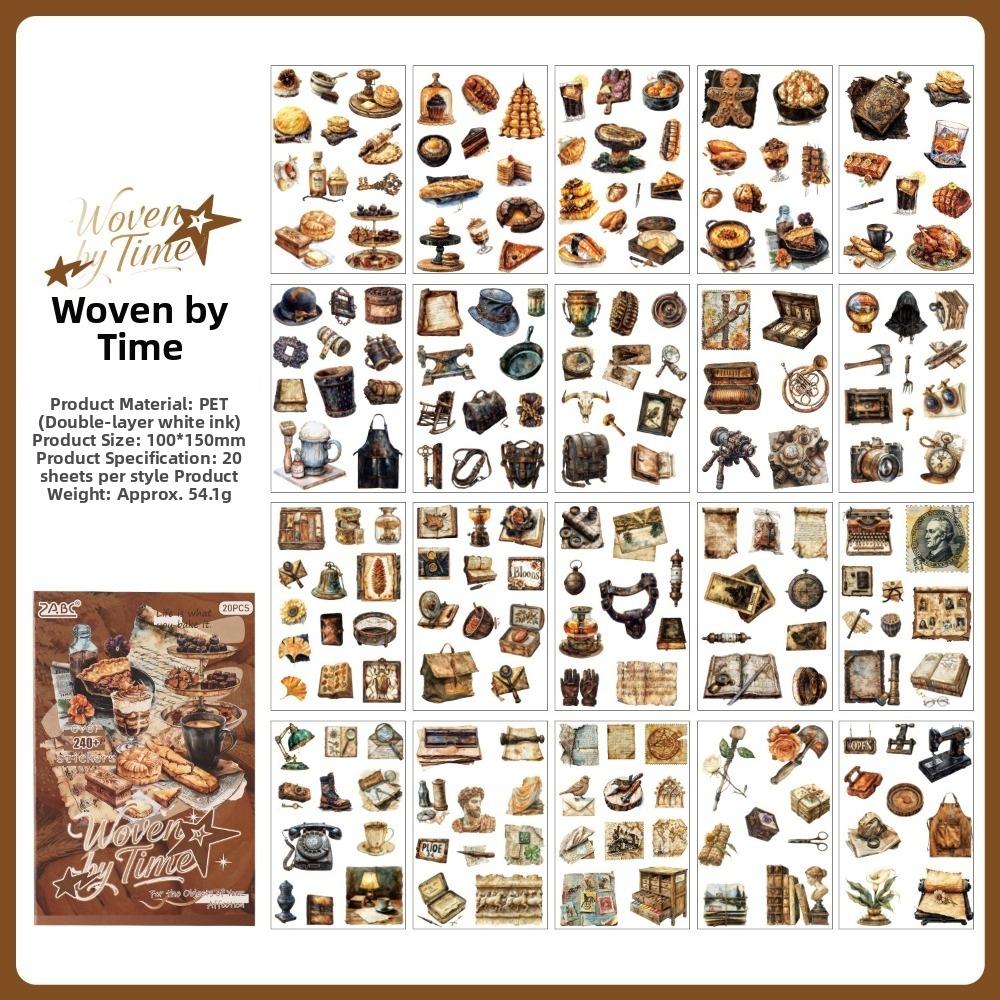 20 Sheets Antique Scene Stickers PET Aesthetic Text Pattern Stickers Flowers & Character Self-Adhesive Scrapbook Sticker