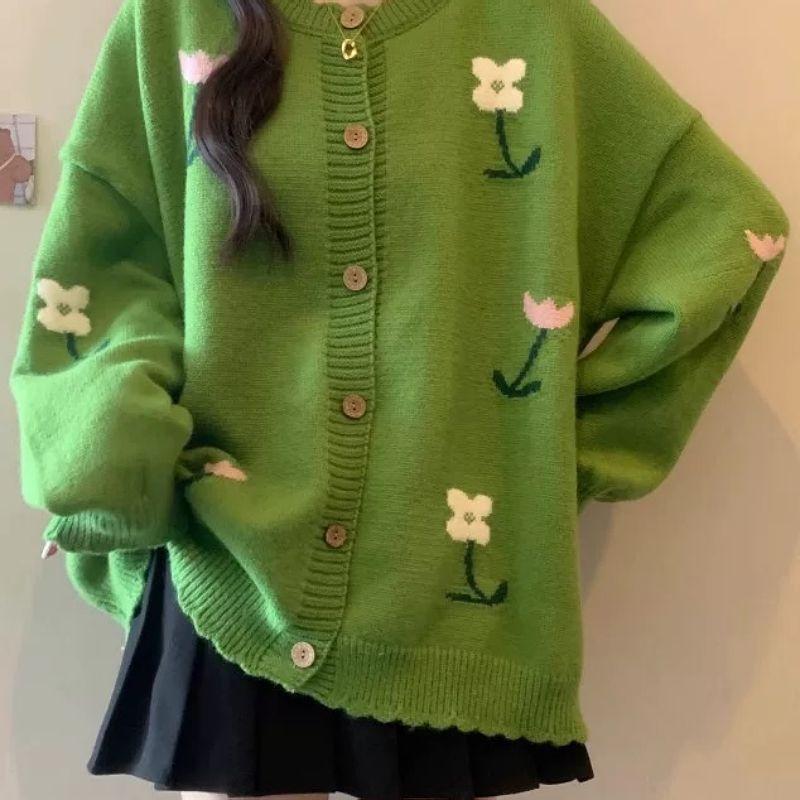 Woman Floral Jacquard Green Sweaters Forest Style Fashion Knitted Cardigan Autumn Versatile Lady Single Breasted Coat