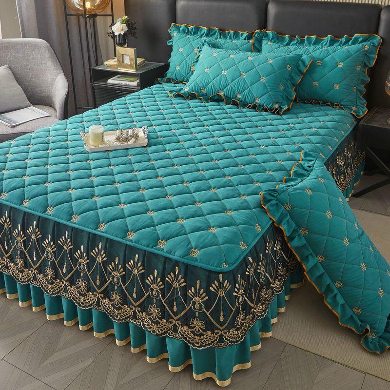 3pcs Korean Style Princess Bed Skirt Set, European Lace Edge Bedspread with Pillow Shams Contemporary Embroidered Lace Bedding Protector