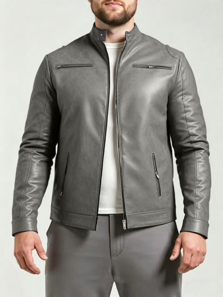 European and American men's stand-up collar PU leather jacket slim jacket jacket fashion business motorcycle style leather jacket