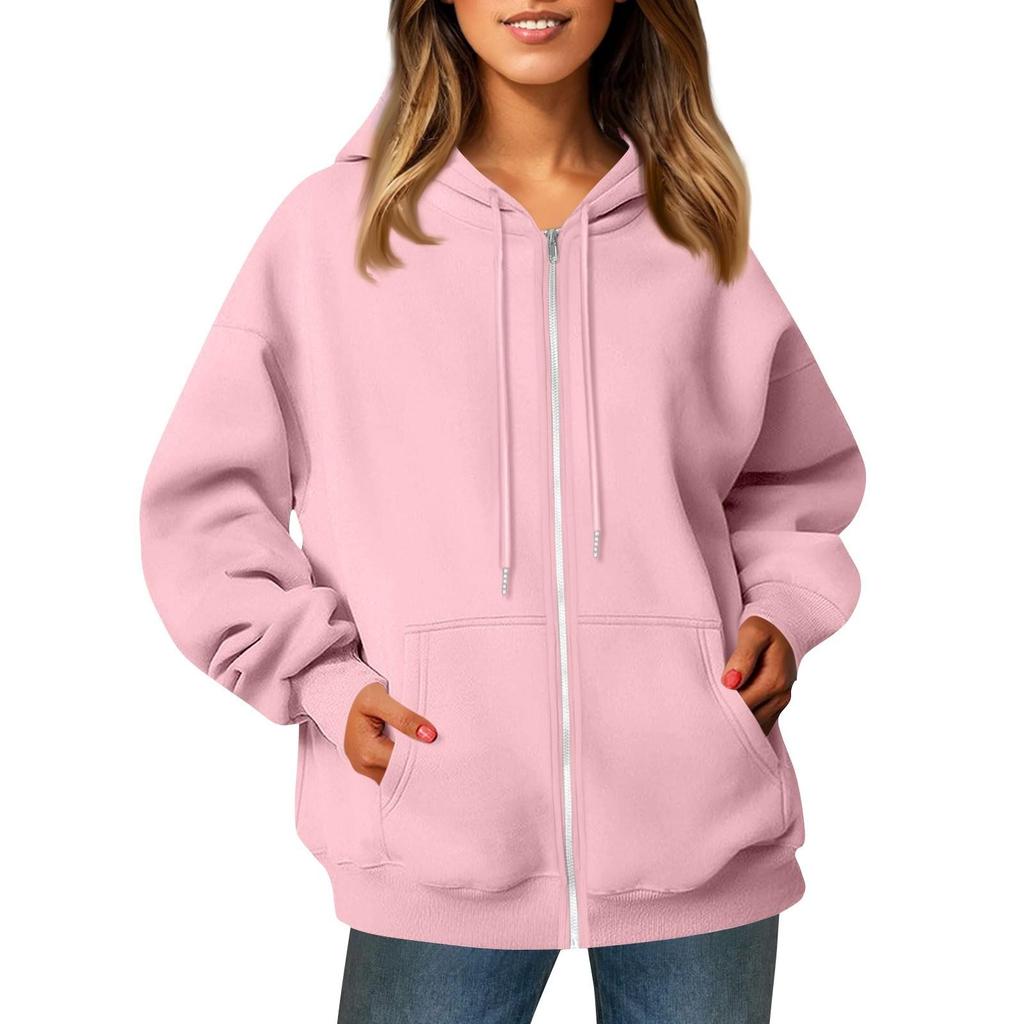 Damen Casual Fashion Solid Color Langarm Tasche Reißverschluss Kapuze Kordelzug Sweatshirt Jacke