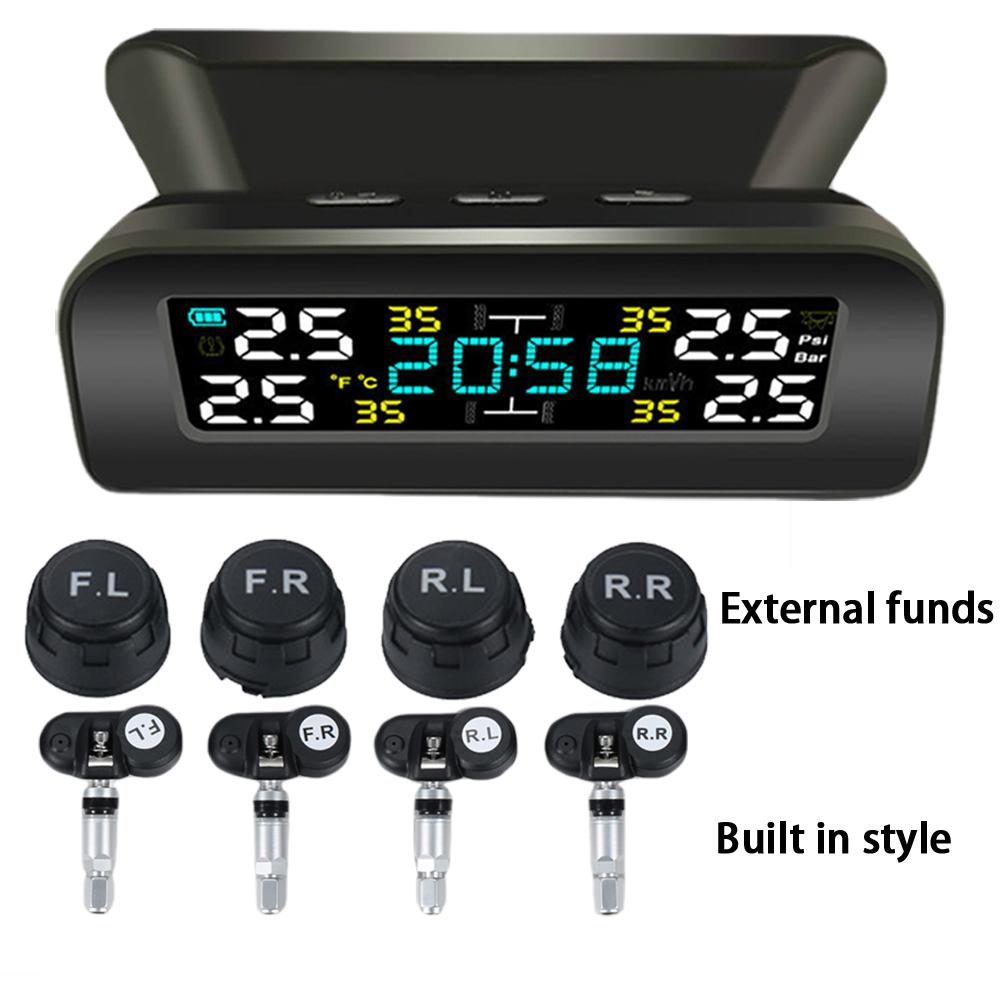 Solar Power Smart Car TPMS LCD Display Auto Security Temperature Alarm System High Precision External/Internal Sensor with Clock