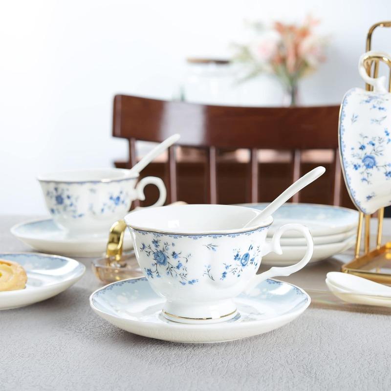 15 Piece e Porcelain Tea Set, British Floral Teapot with Tea Cups, Women Tea Party Set for 6